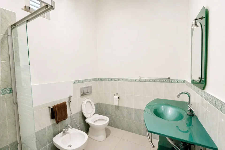 Comfort Double Room private bathroom with a green basin and shower
